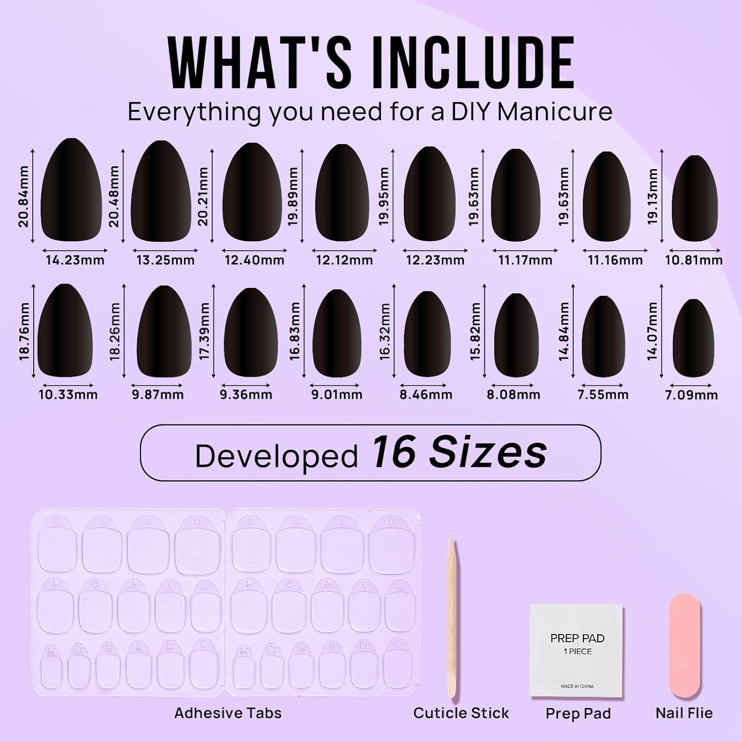 30-piece Black Velvet almond press-on nails with 16 sizes