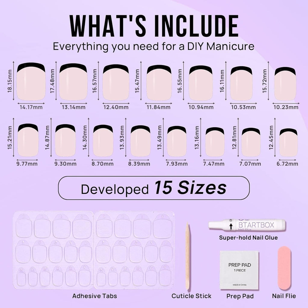 30-piece Classic Black French Tip press-on nails in 15 sizes