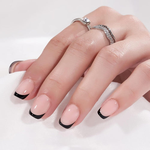 Black French Tip square press-on nails jelly semi-transparent