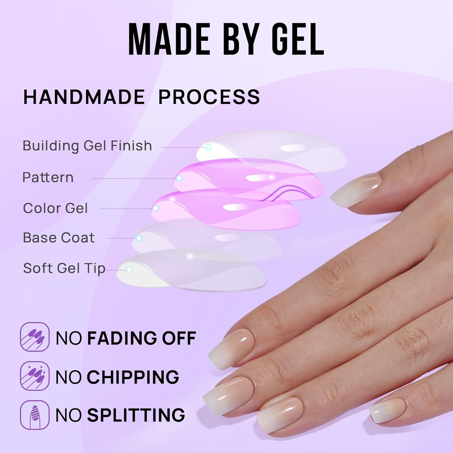 Hand wearing short square ombre press-on nails natural look