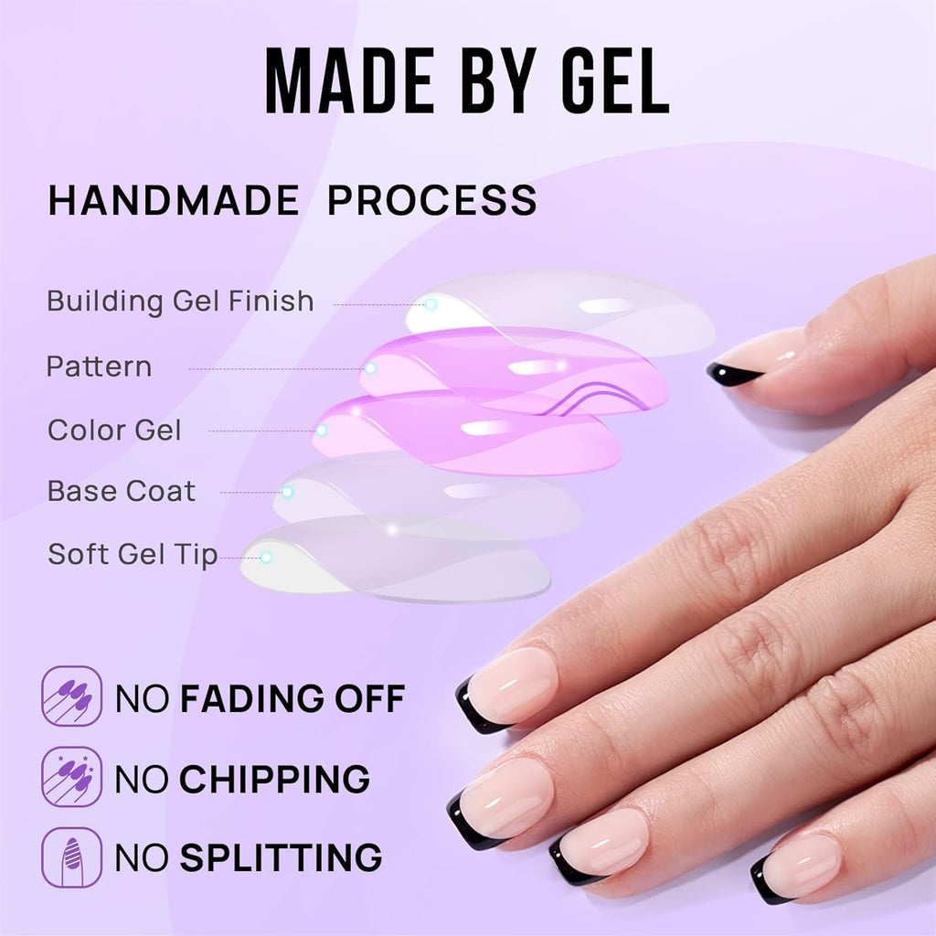 Reusable black French tip square press-on nails kit with glue and tabs