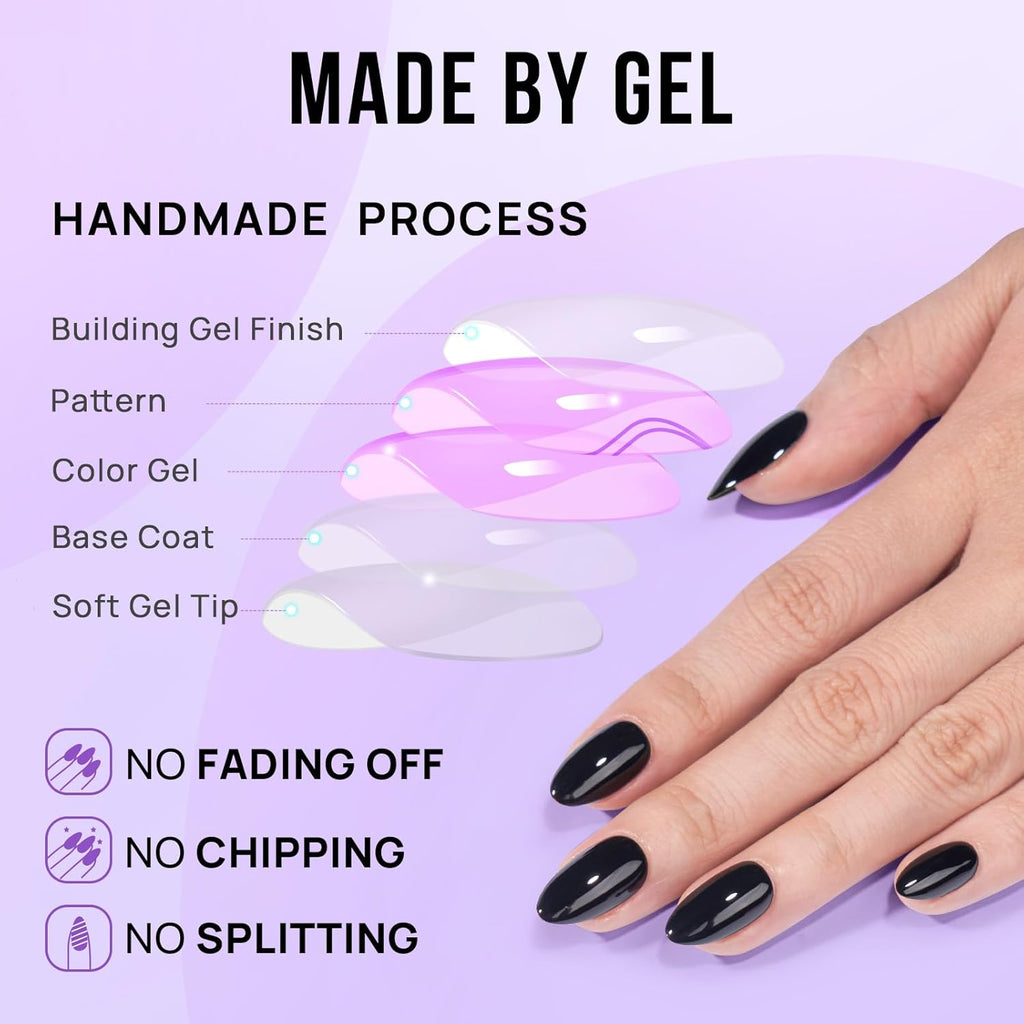 Soft gel almond press-on nails black with seamless cuticle fit